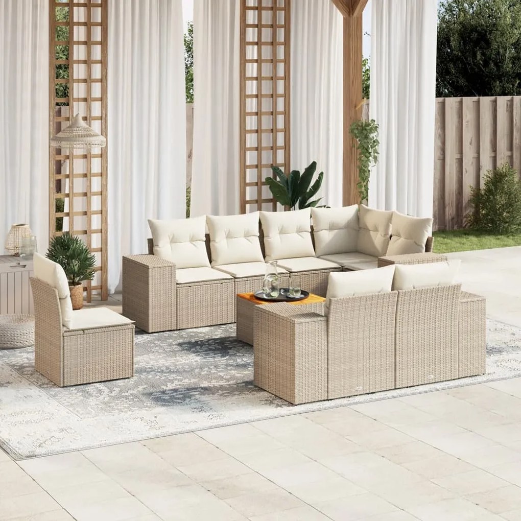 Set divano da giardino 9 pz con cuscini beige in polyrattan