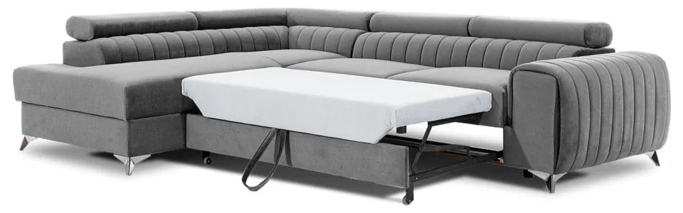 Divano angolare grigio allungabile/con contenitore (con penisola a sinistra/a L) e rivestimento in velluto Laurence – ELTAP