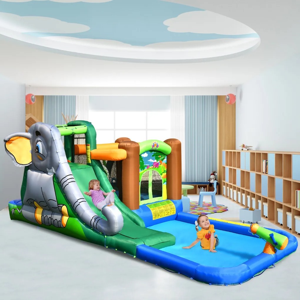 Costway Casa gonfiabile con pistola ad acqua e piscina, Scivolo d’acqua gonfiabile con compressore e borsa di trasporto