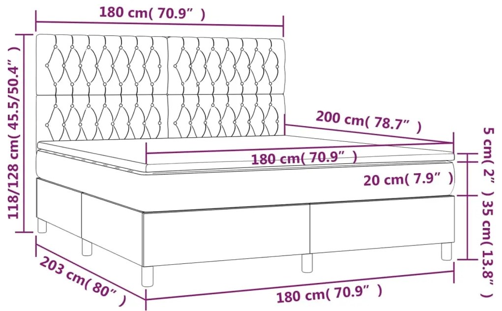 Letto a Molle Materasso e LED MarroneScuro 180x200cm in Tessuto