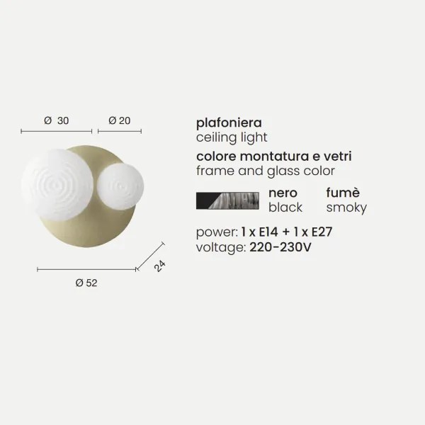 Plafoniera D52 cm TONDO con base in metallo Fumč e 2 diffusori in vetro