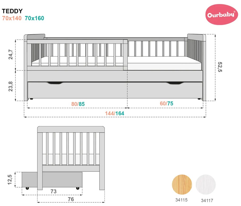 Letto per bambini con barriera TEDDY - bianco - letto senza spazio di archiviazione 140x70 cm