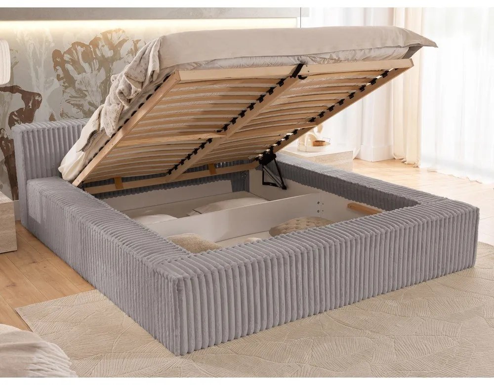Letto matrimoniale imbottito grigio con contenitore e rete inclusi 160x200 cm Cloe – Ropez