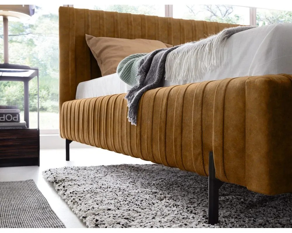 Letto matrimoniale imbottito giallo ocra con contenitore e rete inclusi 140x200 cm Plissa – ELTAP