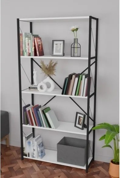 Libreria 5 Ripiani Stile Industrial 88x34x180 Jacob Bianco