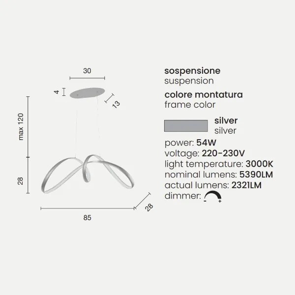Lampada a sospensione LUMEN a LED in metallo Silver - Piccolo 85 cm