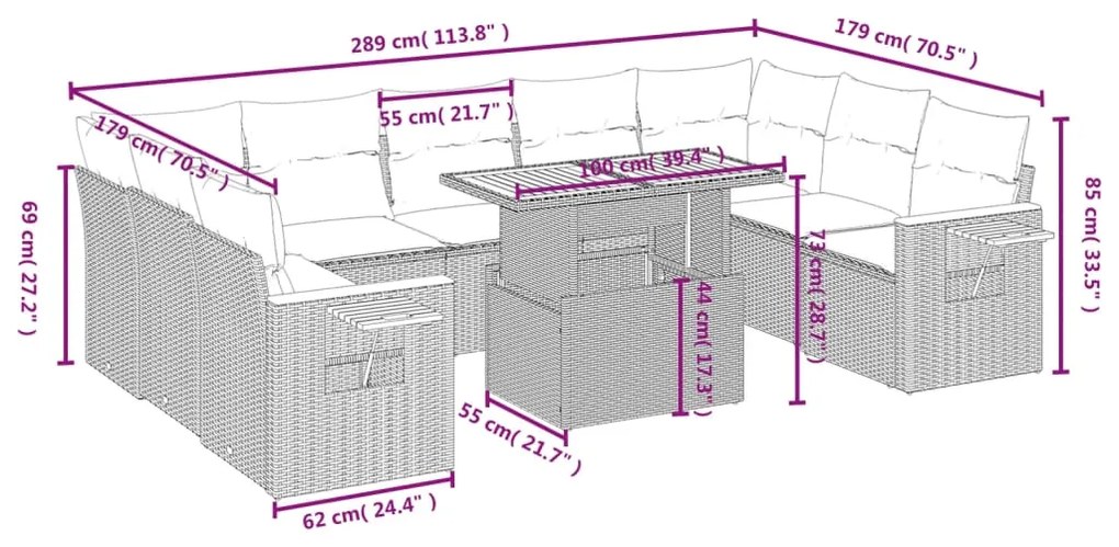 Set divani da giardino 10pz con cuscini in polyrattan nero