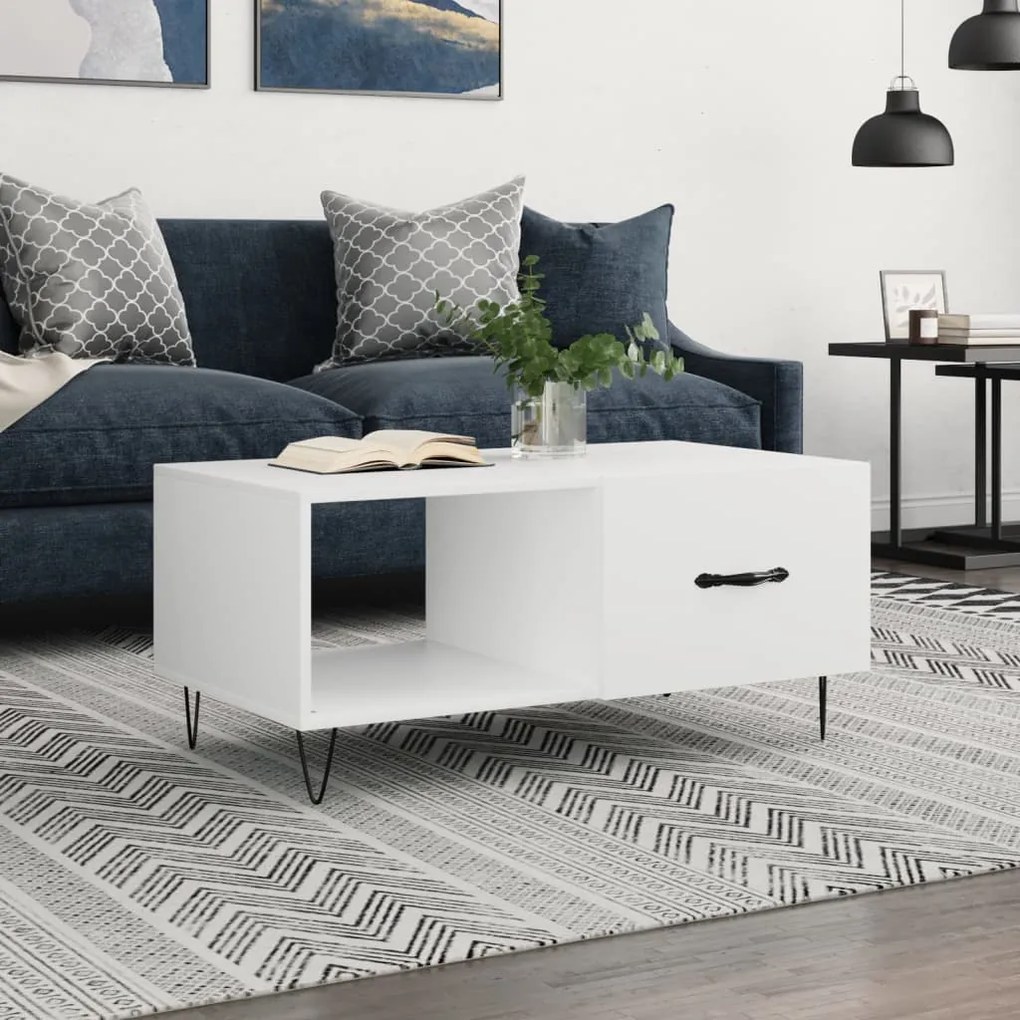 Tavolino Da Salotto Bianco 90x50x40 Cm İn Legno Multistrato /