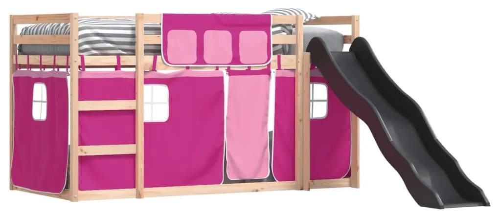 Letto a castello con scivolo e tende rosa 90x200 cm