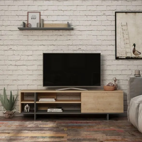 Mobile Porta TV 160 Cm Con Vani E Mensola Superiore Stockton Rovere E Antracite