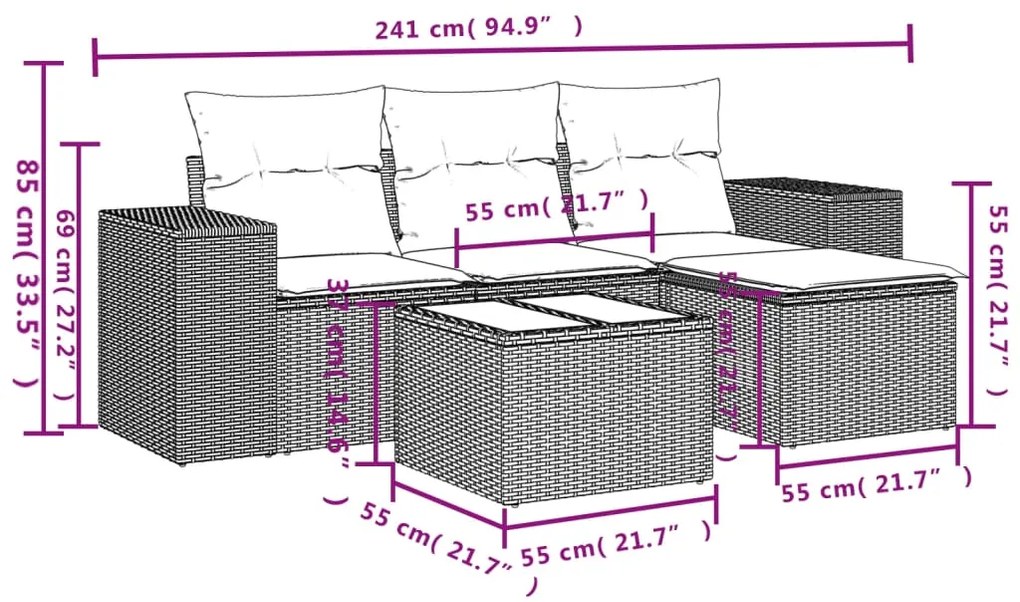 Set Divano da Giardino 5 pz con Cuscini Grigio in Polyrattan