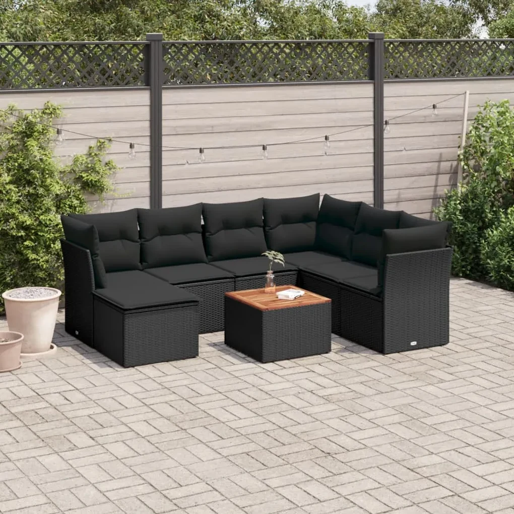 Set divani da giardino con cuscini 8 pz nero in polyrattan