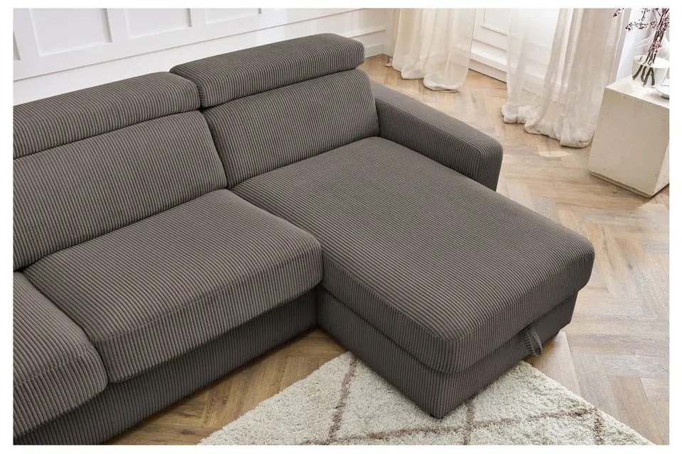 Divano angolare grigio/marrone allungabile (con composizione variabile) con rivestimento in velluto a coste Monaco – Bobochic Paris