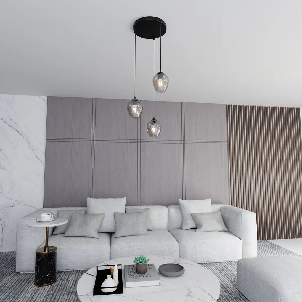 Lampadario 3 Luci Fuxi Base Tonda In Acciaio Nero E Vetri Fumè