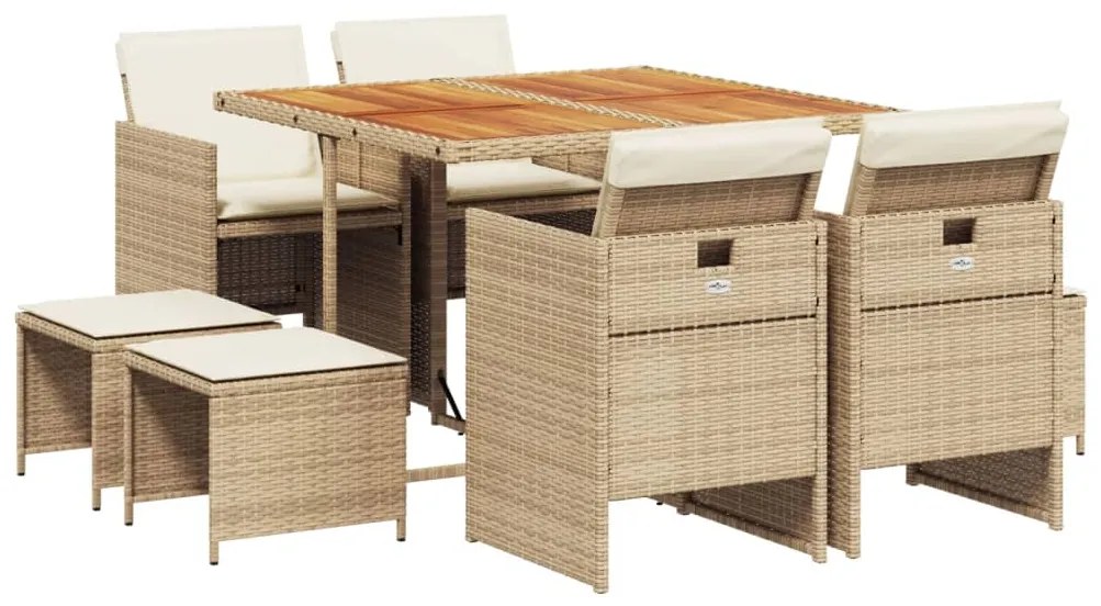 Set da pranzo da giardino 9 pz con cuscini beige in polyrattan