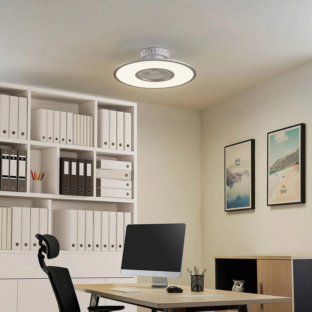 Lindby ventilatore da soffitto LED Romea, rotondo, CC, silenzioso, 60 cm Romea Lindby, dimmerabile, Alluminio / Grigio / Zincato, Soggiorno / Sala da pranzo, Plastica, Moderno