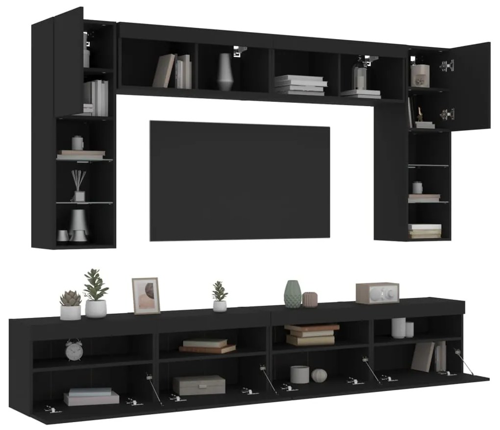 Set mobili tv a muro 8 pz con luci led nero