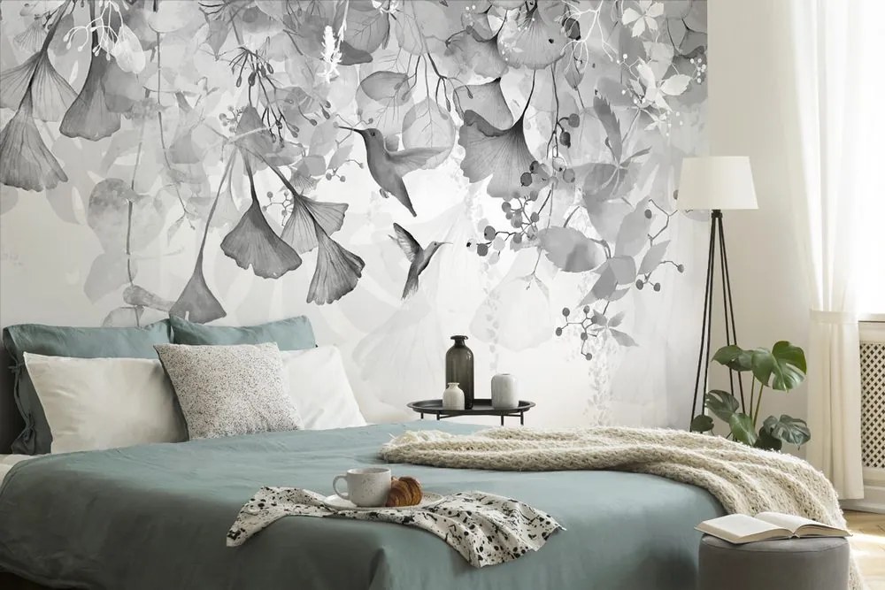 Carta da parati – Foglie con Colibrì in Bianco e Nero