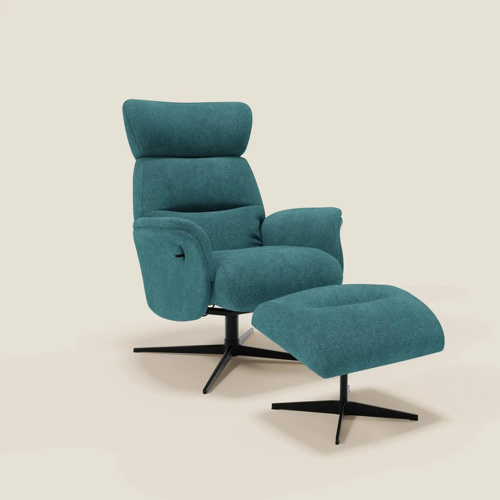 Lunor Poltrona relax reclinabile con pouf poggia-piedi in tessuto bouclé impermeabile T07 azzurro