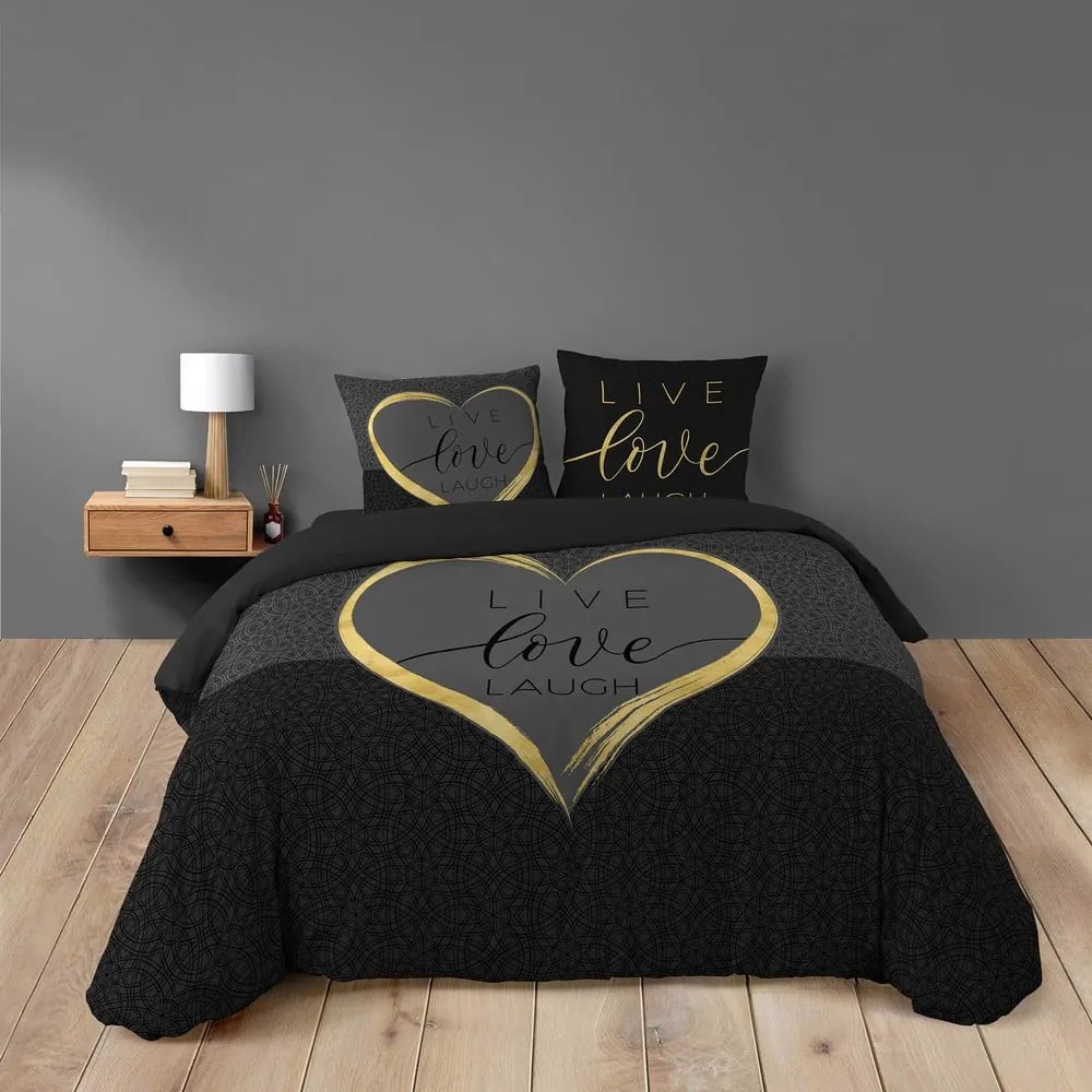 Set copripiumino e federa nero in cotone per letto matrimoniale 200x200 cm Crazy Love – douceur d'intérieur