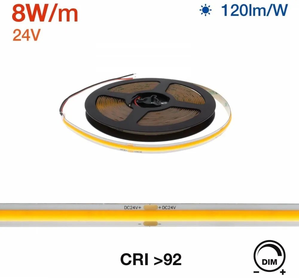 Striscia LED COB 8W/m, 24VDC, IP20, 5m Professional Colore  Bianco Caldo 2.700K