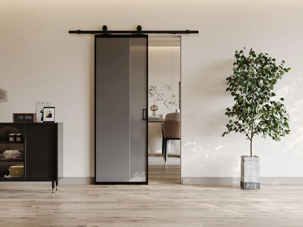 Porta scorrevole esterno muro H205 x L83 cm Alluminio e Vetro temperato fumé - LINCI II