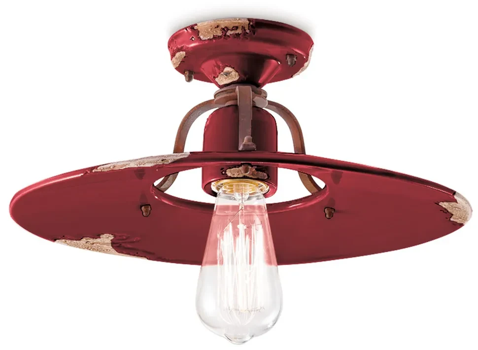 Plafoniera Vintage Country Ferro E Ceramica Bordeaux 1 Luce E27