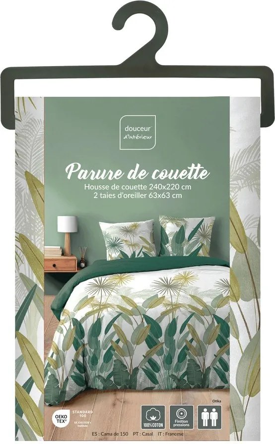 Set copripiumino e federa bianco/verde in cotone per letto matrimoniale ed esteso 240x220 cm Otika – douceur d'intérieur