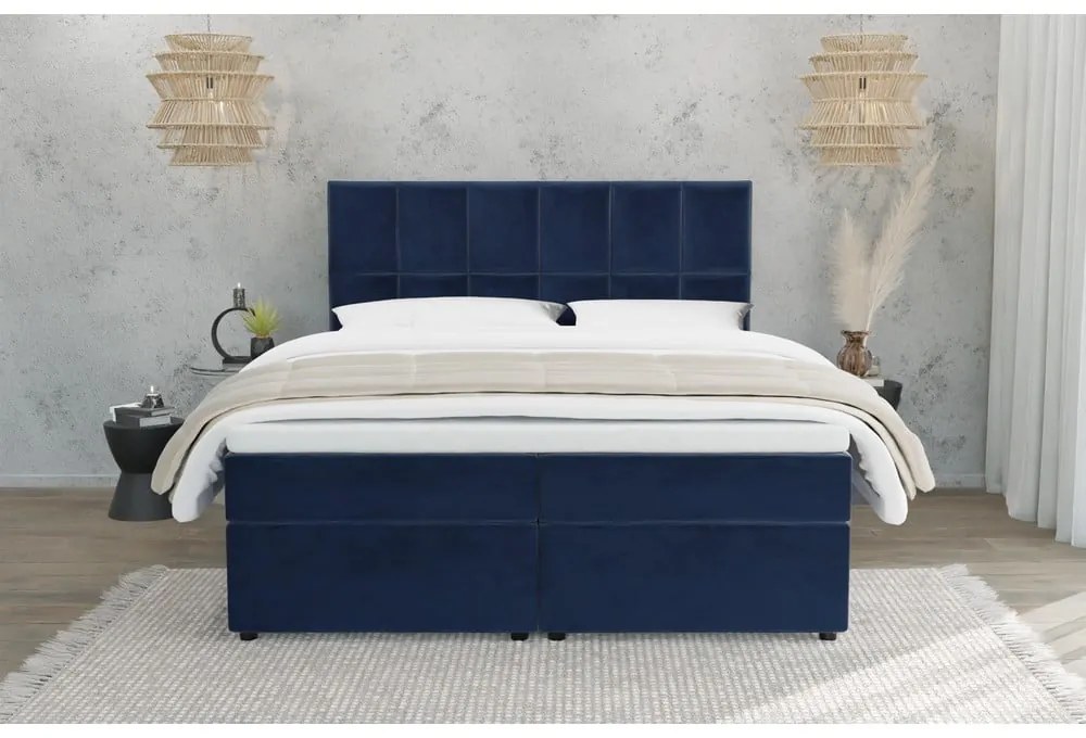 Letto matrimoniale imbottito blu scuro con spazio contenitivo 140x200 cm Flip - Ropez
