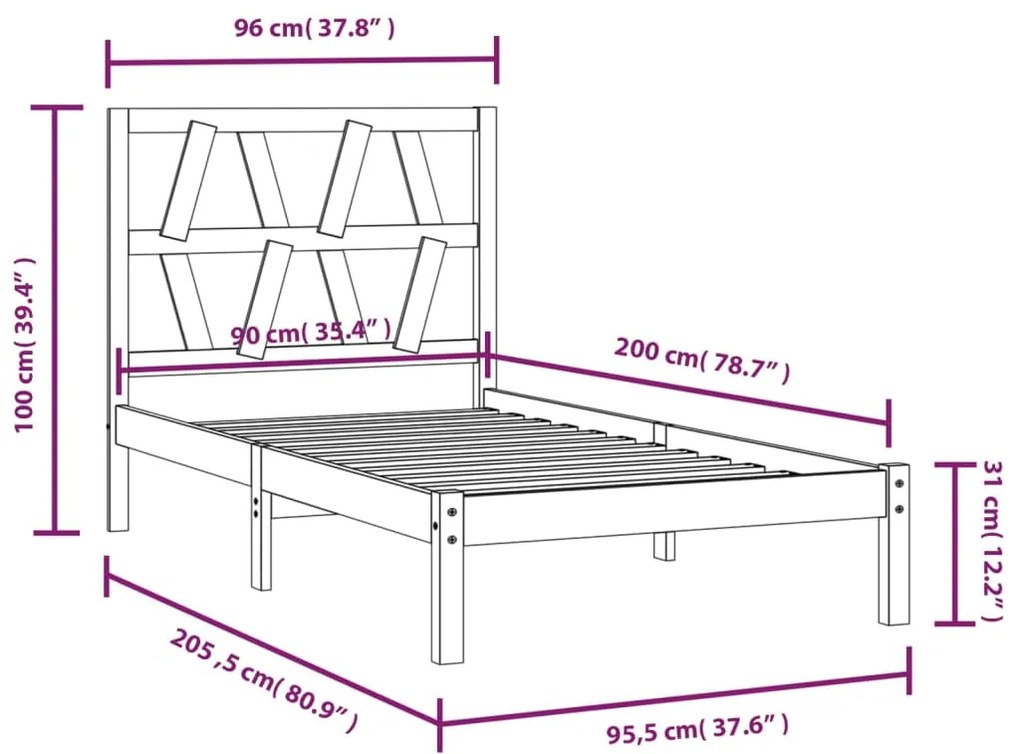 Giroletto Nero in Legno Massello di Pino 90x200 cm