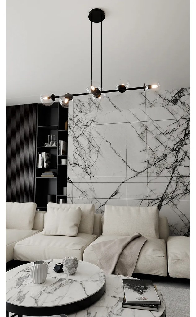 Lampadario Contemporaneo 6 Luci Durga In Acciaio Nero E Sfere Vetro Trasparente
