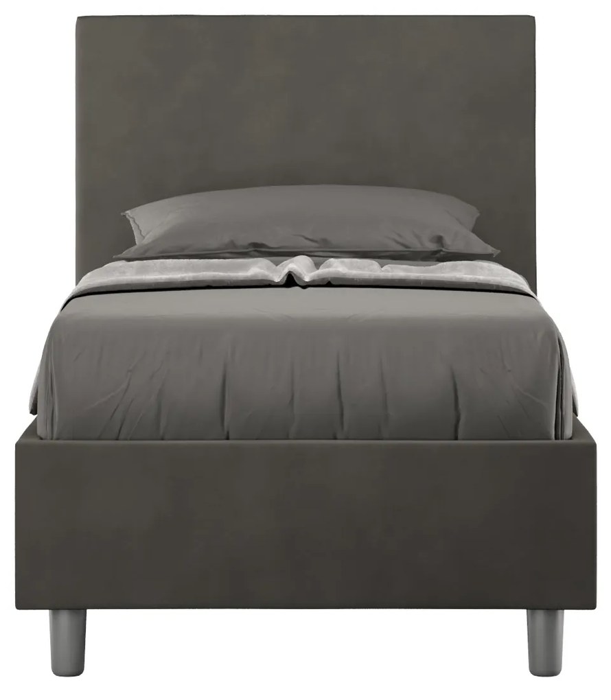 Letto singolo imbottito 80x200 microfibra Adele senza rete, con rete e contenitore, Grigio / Con Rete