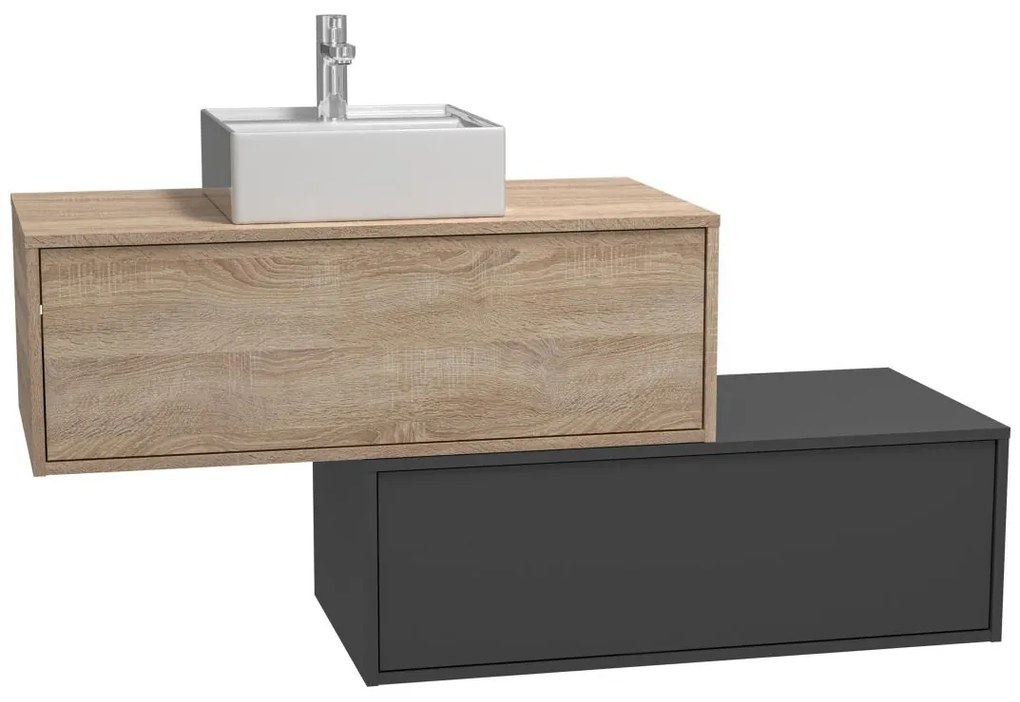 Mobile per bagno sospeso con lavabo singolo e due cassetti 94 cm Naturale chiaro e Antracite - TEANA II