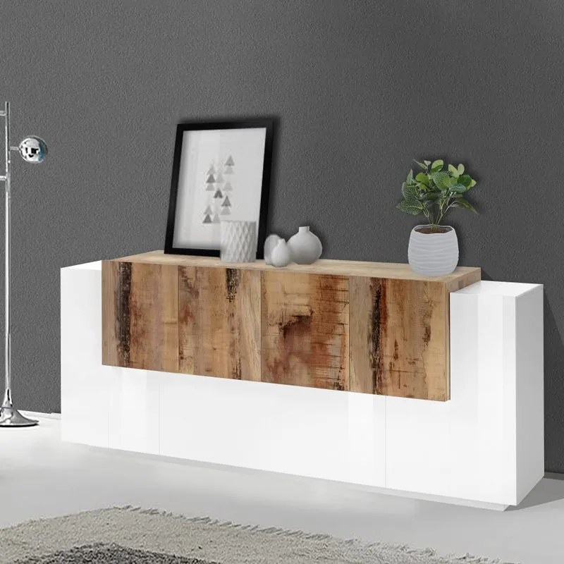 Mobile credenza New Coro L 220 x H 86 P 45 cm bianco lucido e marrone