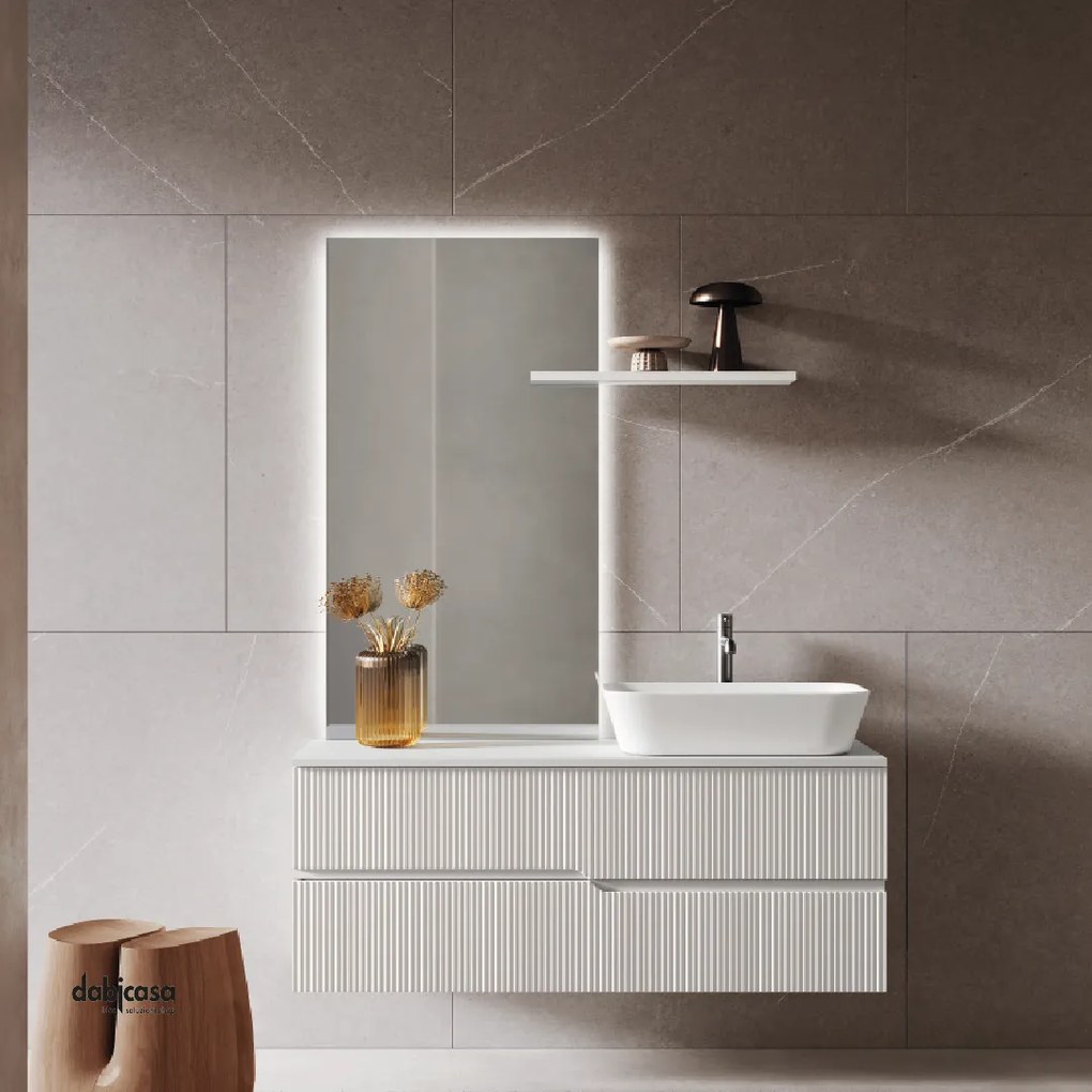 Mobile Bagno Sospeso Cannettato "Victor" Da 120 Cm Composto Da Due Cassetti Lavabo E Specchio Con Mensola