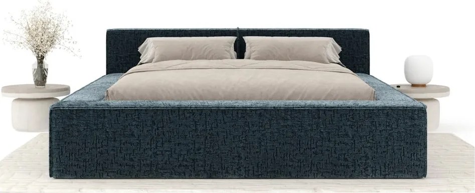 Letto matrimoniale imbottito blu polveroso con contenitore e rete inclusi 200x200 cm Voliera – Maison de Rêve