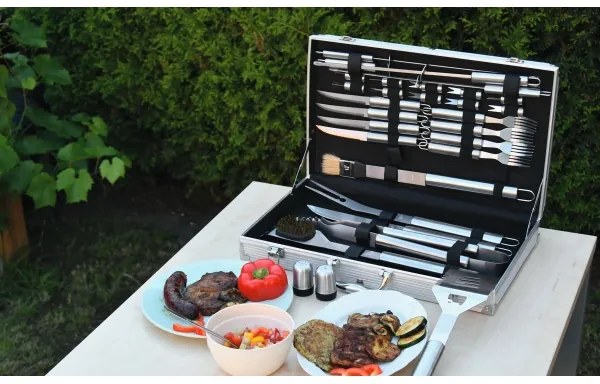 Utensili per grigliate in acciaio inox con valigetta 30 pz