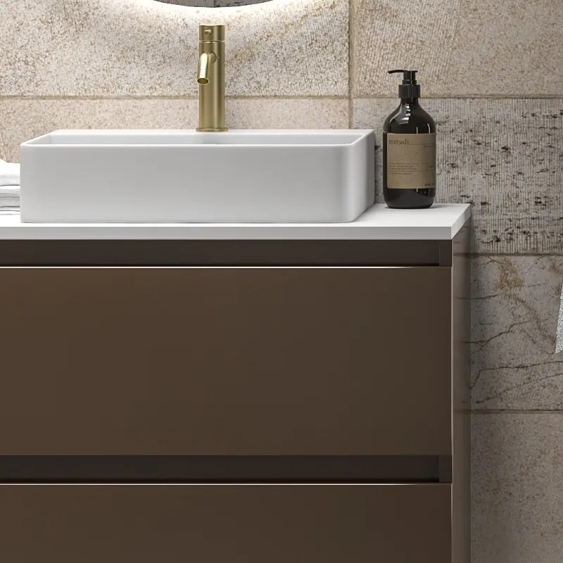 Mobile bagno sospeso 80 cm con due cassetti e piano bianco solid surface TOD-80SS - KAMALU