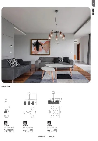 Redo 01-1580 - Lampadario a cavo EDISON 5xE27/42W/230V Ø 53 cm nero/rame