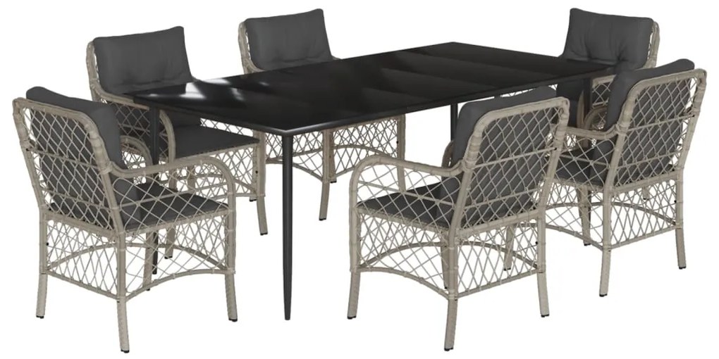Set da pranzo da giardino 7 pz cuscini polyrattan grigio chiaro