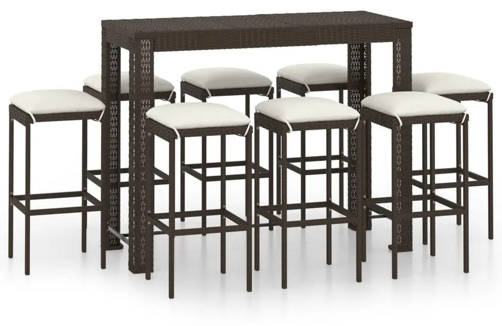 Set da bar da giardino 9 pz con cuscini in polyrattan marrone