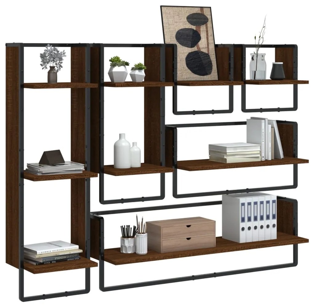 Set mensole parete con aste 6pz rovere marrone in multistrato