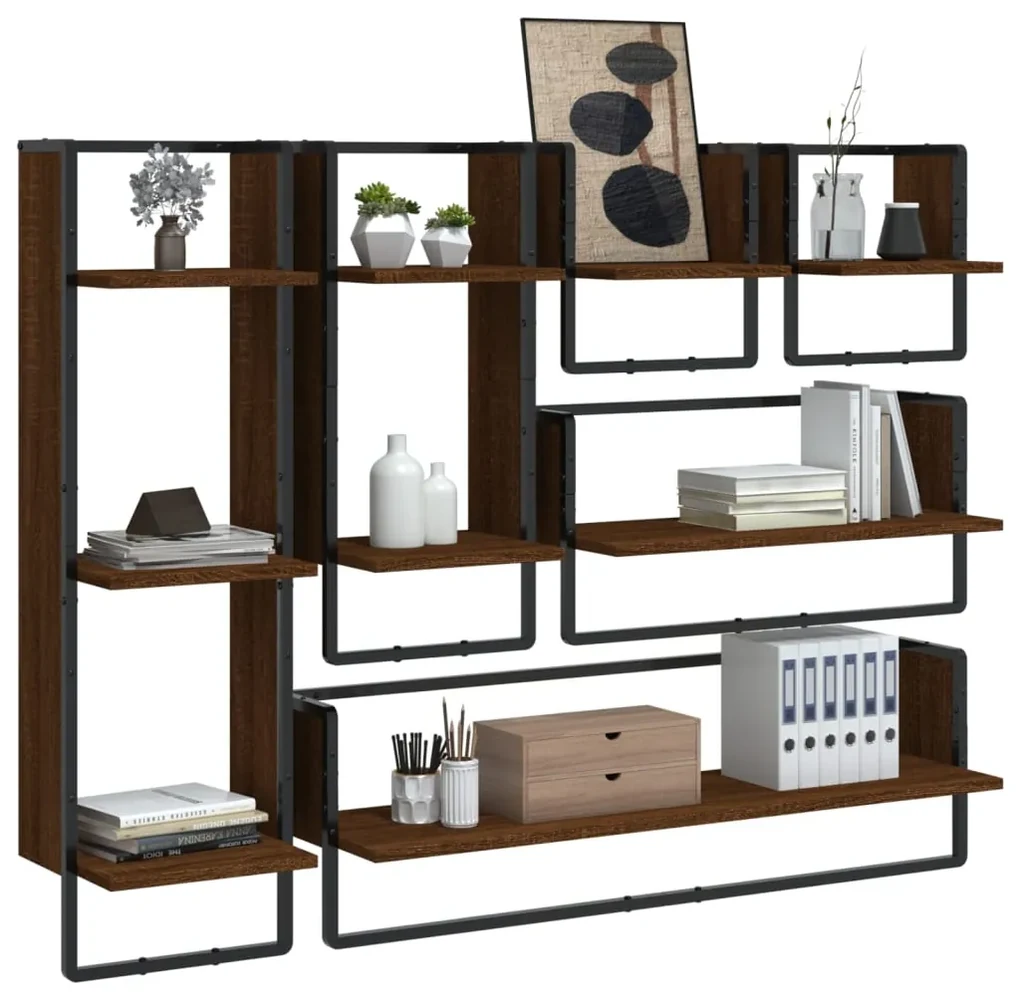 Set mensole parete con aste 6pz rovere marrone in multistrato