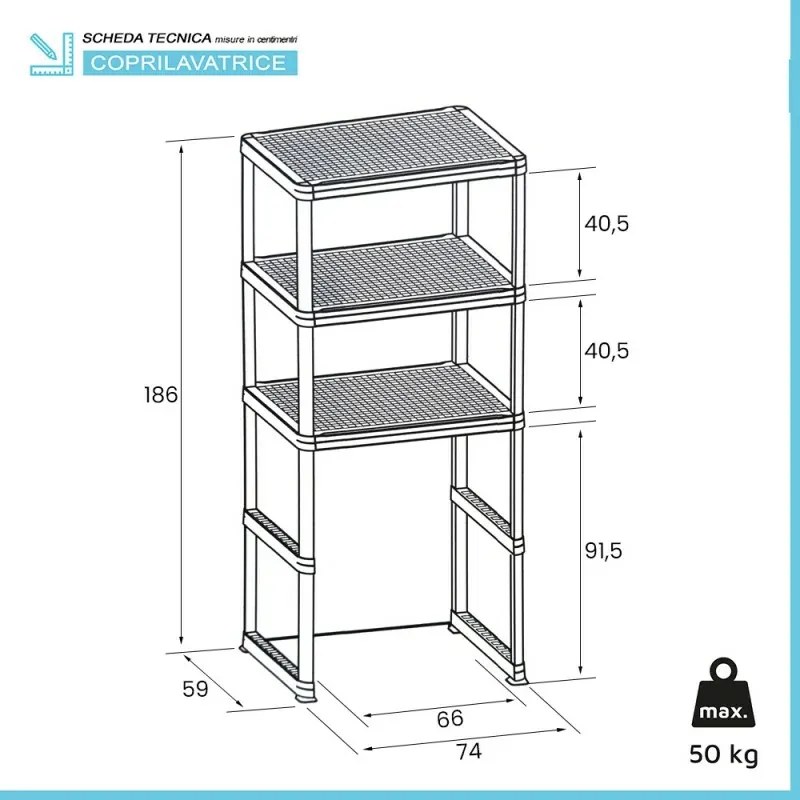 Scaffale sopra lavatrice bianco con 3 ripiani in kit di montaggio