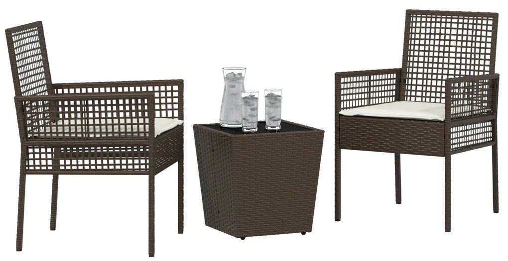 Set bistro da giardino a 3 pezzi con cuscini marrone in polyrattan