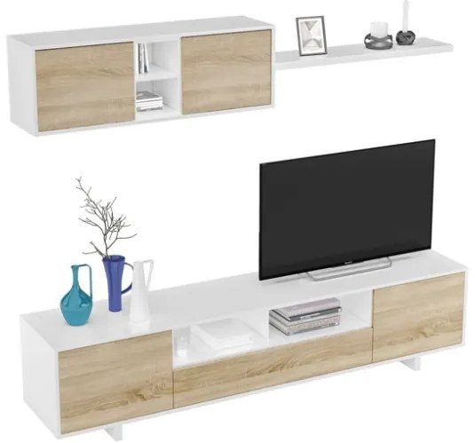 Parete Attrezzata Soggiorno Con Mobile TV E Pensili Design Moderno Rovere E Bianco