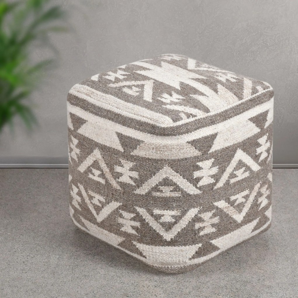 AXEL - pouf in lana avorio con decoro 40 x 40
