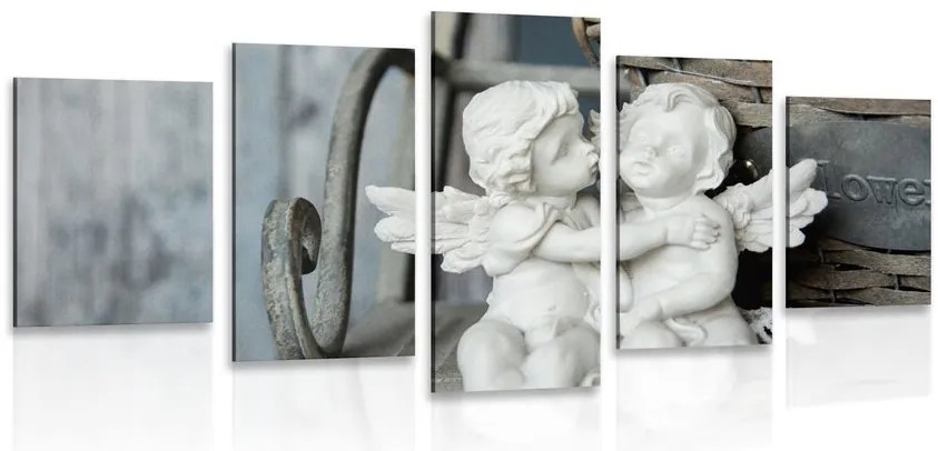Quadri 5 pezzi – Statuette di angioletti sulla panchina