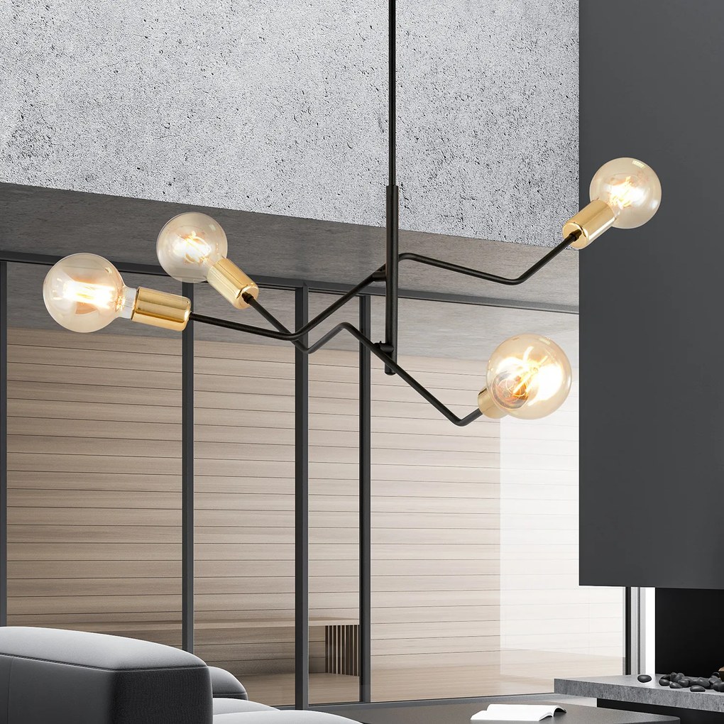 Sospensione Industrial 4 Luci Temi In Acciaio Nero E Oro Bracci Regolabili