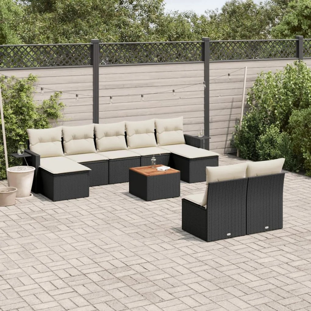 Set divani da giardino 10pz con cuscini in polyrattan nero